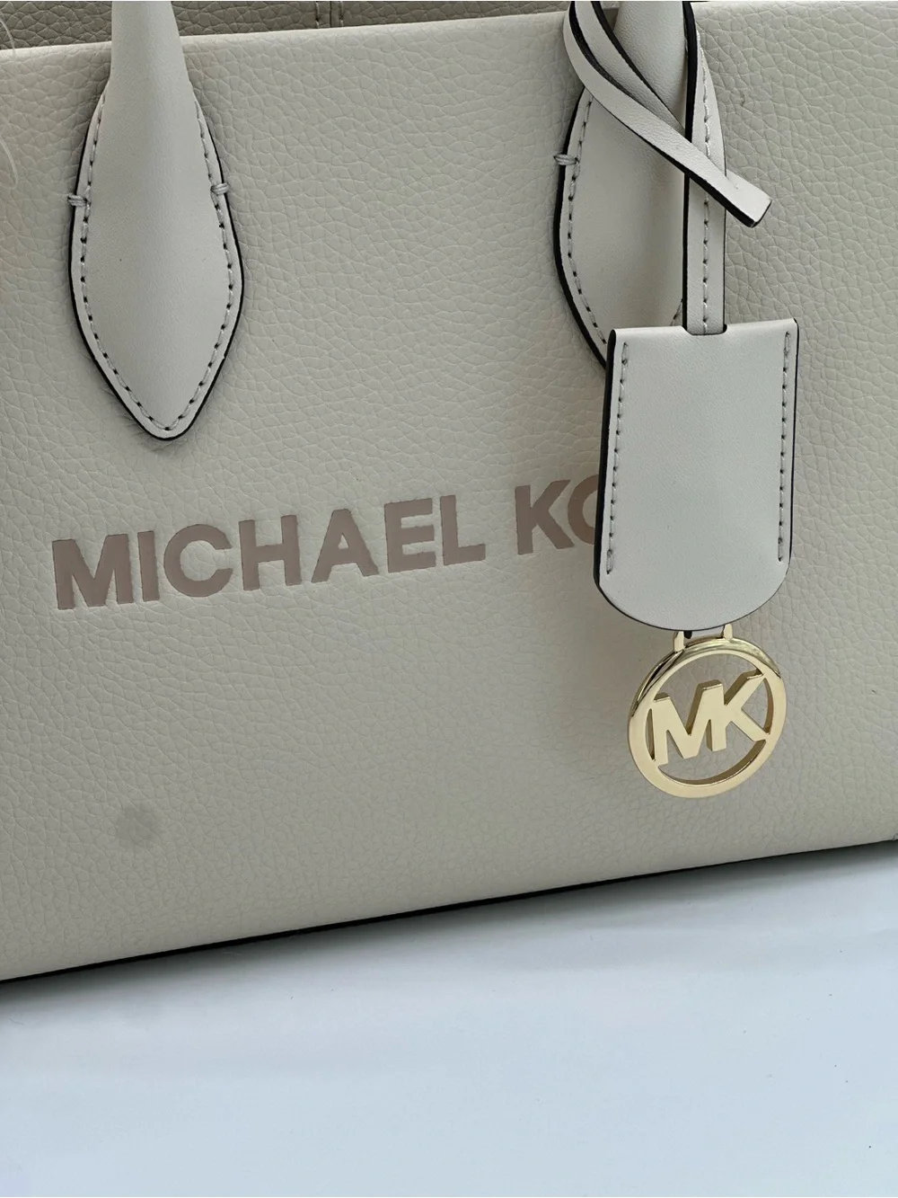 Michael Kors Cream Leather Satchel with Logo Strap and MK Charm